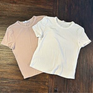 Short Sleeve Cropped Ribbed Babydoll Tops in Tan and White- Bundle of Two